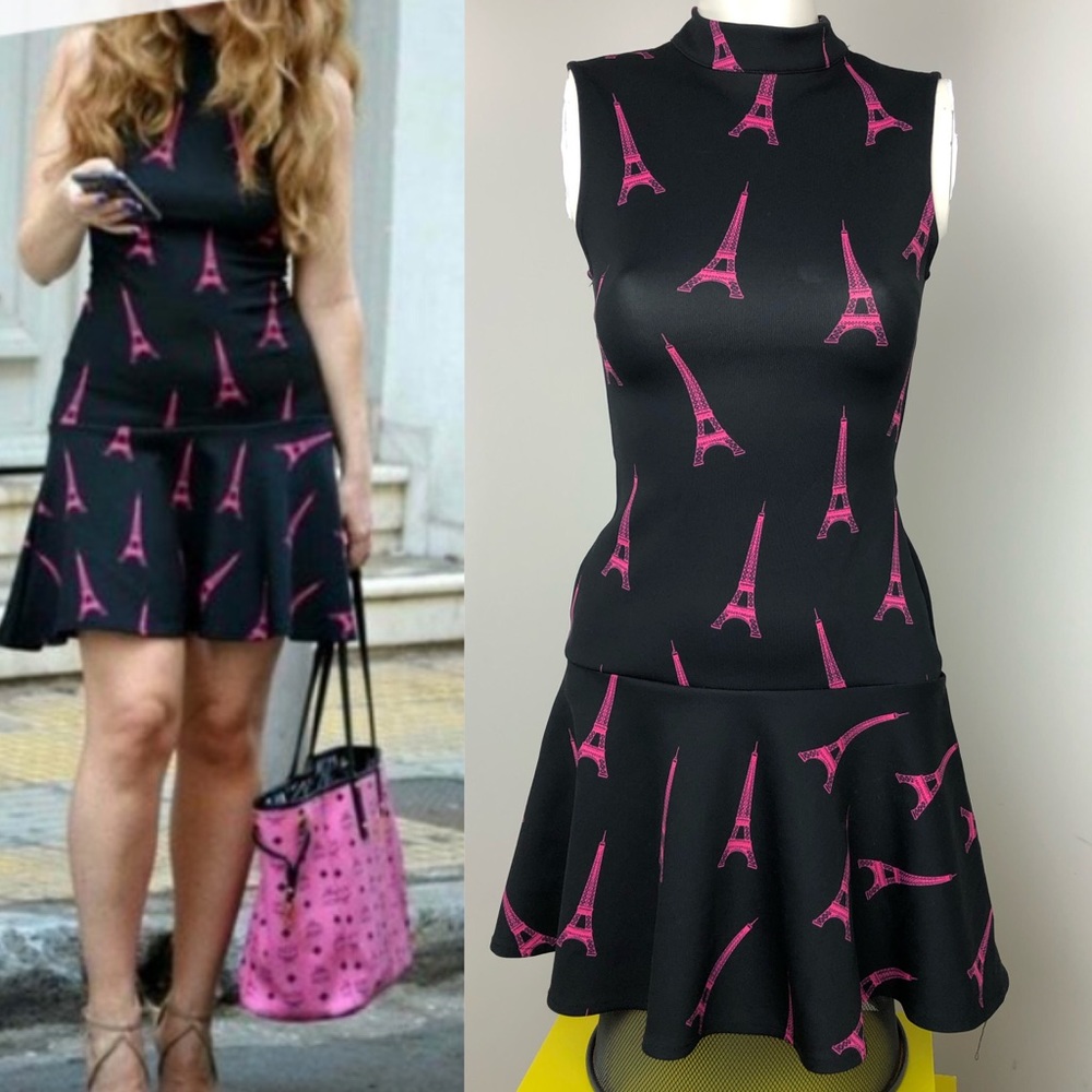 H&M Black Sleeveless Funnel Neck Eiffel Tower Print Fit & Flare Dress Size XS